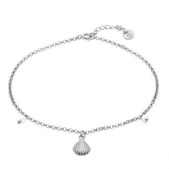 Bransoletka na nogę ARIEL srebrna z perłami i muszelką