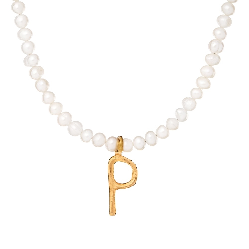 Naszyjnik ARIEL srebrny pozłacany z naturalnymi perłami i literą P